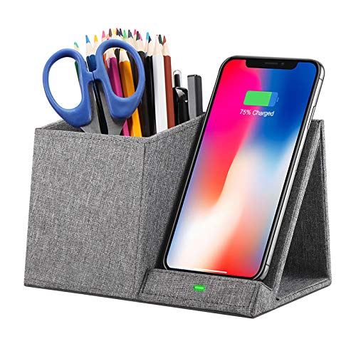 COSOOS Fast Wireless Charger with Desk Organizer, Desk Phone Charger Compatible with 12/12 Pro/12 Pro Max/12 Mini/SE /11/11 Pro Max/XS, Galaxy S20/S20+/S10/Note 10/Note 9/(No AC Adapter) - color: Grey