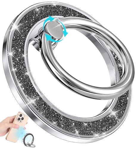 Phone Ring Holder Compatible with MagSafe - Magnetic Cell Phone Grip for Women Cute Magnet Removable Finger Ring Grip Stand Glitter Shine for iPhone 17 16 15 14 13 Pro Max Plus, Black - color: Black