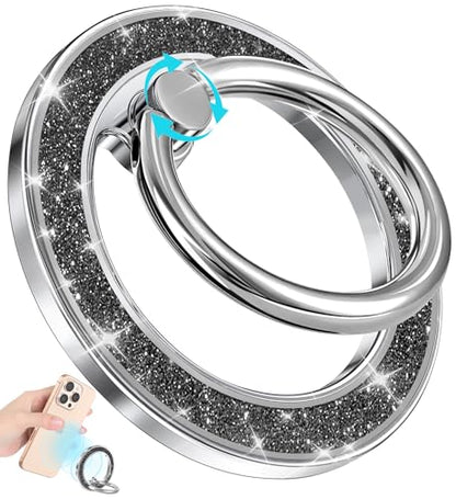 Phone Ring Holder Compatible with MagSafe - Magnetic Cell Phone Grip for Women Cute Magnet Removable Finger Ring Grip Stand Glitter Shine for iPhone 17 16 15 14 13 Pro Max Plus, Black - color: Black