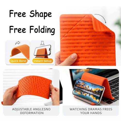 2Pcs Silicone Phone Stand with Aluminum, Flexible Foldable Phone Holder,Universal Adjustable Anti-Slip Desktop Mount for Phone Tablet Laptop (Orange + Black)