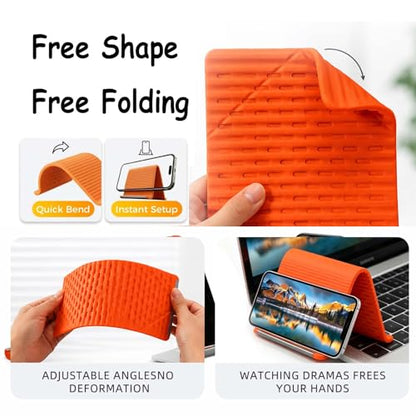 2Pcs Silicone Phone Stand with Aluminum, Flexible Foldable Phone Holder,Universal Adjustable Anti-Slip Desktop Mount for Phone Tablet Laptop (Orange + Black)