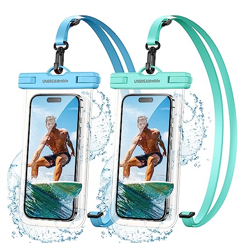 UNBREAKcable Waterproof Phone Pouch-2 Pack IPX8 Waterproof Phone Case for iPhone 16 15 14 13 12 11 Pro Max & Samsung S25 S24-Dry Bag & Travel Essentials for Beach, Pool, Kayak & Cruise-7" Blue+Green - color: Blue + Green