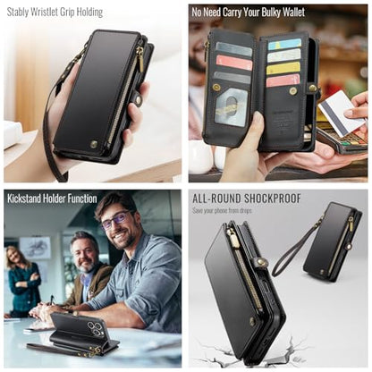 Defencase for iPhone 16 Pro Max Wallet Case with RFID Card Holder, Black | Durable Soft PU Leather, with Zipper Pocket, Wrist Strap, Fashion Snap Flip Phone Cases Cover with Stand for Women and Men - color: Black
