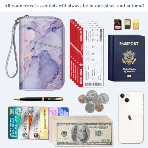 FINTIE Family Passport Holder Wallet Travel Document Organizer Clutch Bag | RFID Blocking Credit Cards Case Cover for Women Men - color: Lilac Marble