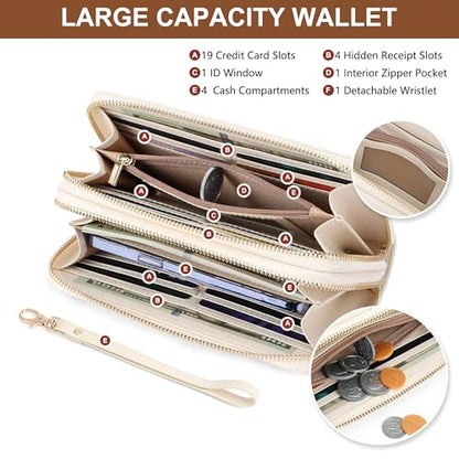 yiijay Womens Wallet RFID Blocking Large Capacity Vegan Leather Double Zip Wristlet Wallet Card Holder Travel Ladies Clutch - color: Beige