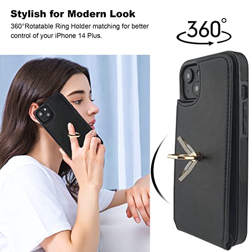Folosu Compatible with iPhone 14 Plus Case Wallet with Card Holder, 360°Rotation Finger Ring Holder Kickstand, RFID Blocking Leather Protective Double Buttons Shockproof Cover 6.7 Inch Black - color: Black, size: iPhone 14 Plus