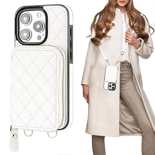 Bocasal Crossbody Wallet Case Card Holder for iPhone 15 Pro, White | RFID Blocking PU Leather Zipper Handbag Purse, Kickstand Flip Folio Case with Card Slots Holder Wrist Strap Lanyard 6.1 Inch - color: White