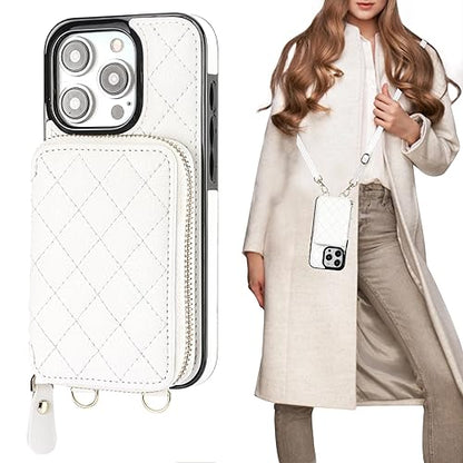 Bocasal Crossbody Wallet Case Card Holder for iPhone 15 Pro, White | RFID Blocking PU Leather Zipper Handbag Purse, Kickstand Flip Folio Case with Card Slots Holder Wrist Strap Lanyard 6.1 Inch - color: White