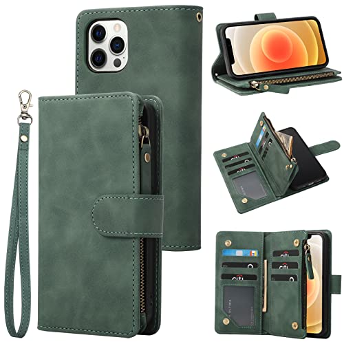 RANYOK Wallet Case Compatible with iPhone 13 Pro (6.1 inch), Premium PU Leather Zipper Folio Wallet RFID Blocking with Wrist Strap Magnetic Closure Built-in Kickstand Protective Case (Black Green) - color: Black Green