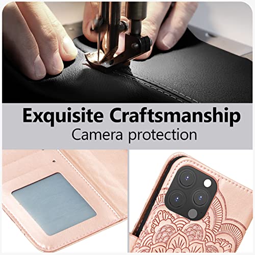 EYZUTAK Case for iPhone 13 Pro Max, Premium PU Leather Magnetic Flip Wallet Case with Card Holder Cash Slot Lanyard Strap Kickstand Function Embossed Mandala Flower Pattern Shockproof Cover-Rose Gold - color: Rose Gold, size: iPhone 13 Pro Max