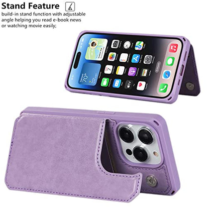 iCoverCase Compatible with iPhone 14 Pro Wallet Phone Case with Card Holder for Women, RFID Blocking Embossed PU Leather Wrist Strap Case 6.1 Inch (Macaron Purple) - color: P-Purple