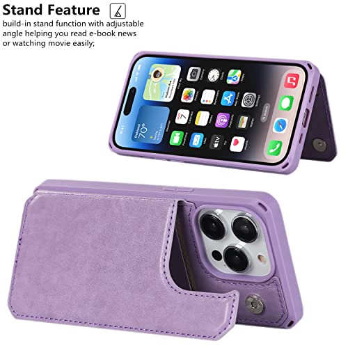 iCoverCase Compatible with iPhone 14 Pro Max Wallet Phone Case with Card Holder for Women, RFID Blocking Embossed PU Leather Wrist Strap Case 6.7 Inch (Macaron Purple) - color: P-Purple