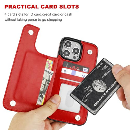 ONETOP for iPhone 16 Pro Max Wallet Case with Credit Card Holder,Red | Kickstand,ID/Cash Holder,Case Wallet with Card Slots,Double Magnetic Clasp,Durable PU Leather Shockproof Cover for Women Men - color: Red