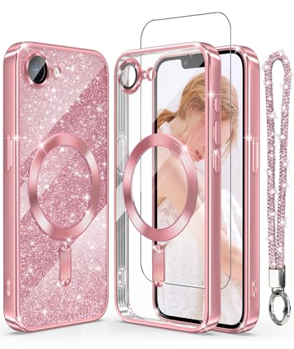 Magnetic Plated Gold Clear TPU Phone Case for iPhone 17e/16e-Pink | Luxury Slim Soft Cover with [Glitter Card&Wrist Strap] [Screen Protector&Camera Lens Protector] for 17e/16e - color: Pink