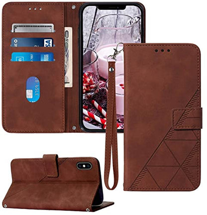 for iPhone X/Xs Flip Wallet Case with Card Slots, Brown | PU Leather, TPU Interior, 3 Card Slots, Cash Pocket, Magnetic Clasp, Detachable Wrist Strap, Stand, Precise Cutouts - color: Brown