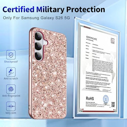 Galaxy S26 Glitter Case for Samsung Galaxy S26 5G Phone Case for Women Girls, Slim Ultra Thin Matte Back Shockproof Full Body Protective Cover for Samsung S26 5G, Crystal Bling Case, 2026 (Rose Gold) - color: Rose Gold