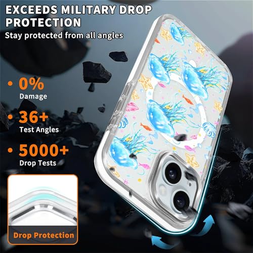 VisEnt Clear Case for iPhone 15, Magnetic Phone Case, Transparent Slim Cover, Military Grade Protection, Shockproof, Anti-Yellowing, Scratch Resistant, Blue Jellyfish Ocean - color: Blue Jellyfish Ocean, size: Iphone 15