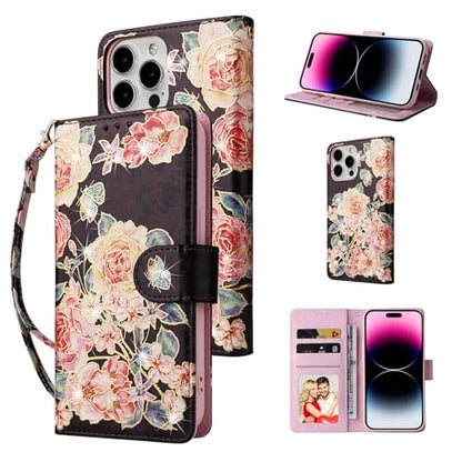 UEEBAI Wallet Case for iPhone 15 Pro, PU Leather Phone Cover Kickstand RFID Blocking Flip Case Card Slots Wrist Strap Relief Engraved Pattern Magnetic Closure Flower Folio Wallet, Black Rose - color: Black Rose, size: iPhone 15 Pro