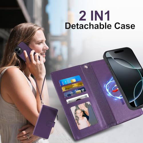 Harryshell 2 in 1 for iPhone 17 6.3 inch Wallet Case Magnetic Compatible with Magsafe RFID Blocking Card Holder Detachable Phone Cover Zipper Purse Kickstand Wrist Strap Men Women Purple - color: Purple, size: iPhone 17
