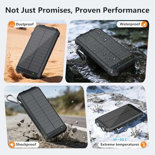 Solar Charger Power Bank 20000mAh, Wireless Fast Charging Battery Pack with 3 Built-in Cables & USB-C Input, Dual LED Flashlights, Portable Phone Charger for Camping, Travel & Emergency Use (Black) - color: Black