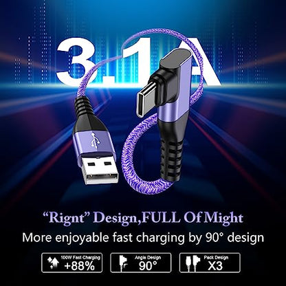 USB Type C Cable 6FT 3Pack Fast Charging Right Angle Cable,3A USB C Charger