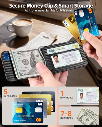 For Magsafe Wallet with Money Clip, 5 Card Holder, Adjustable Stand | Strongest Magnetic Wallet for iPhone 17/16/15/14/13/12 Series, ID Window, Vegan Leather, Not for Mini, Black Carbon Fiber - color: Black Carbon Fiber