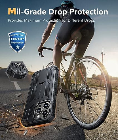 FNTCASE for iPhone 15 Pro Max Case, Built-in Screen Protector, Kickstand | Military-Grade Drop Protection, Anti-Slip Matte Textured, Rugged Heavy Duty Shockproof TPU Protective Cover - color: Black