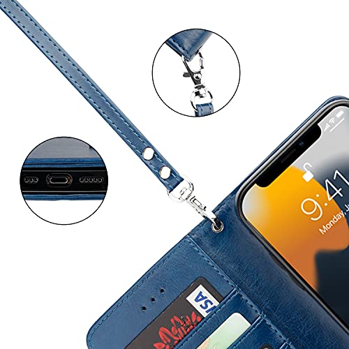 Bocasal Detachable Wallet Case Card Holder for iPhone 13, Blue | RFID Blocking Kickstand Card Slots Holder PU Leather Magnetic Shockproof Wrist Strap Removable Flip Protective Cover 6.1 inch - color: Blue