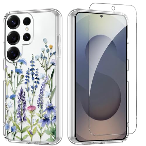 Flower Phone Case Floral for Samsung Galaxy S25 Ultra 5G 6,9'' with Screen Protector, Clear Transparent Phone Cover Slim Soft Shockproof Anti-Scratch Protection Funda for Girls Women, 03 - color: Flower 03, size: Samsung Galaxy S25 Ultra 5G