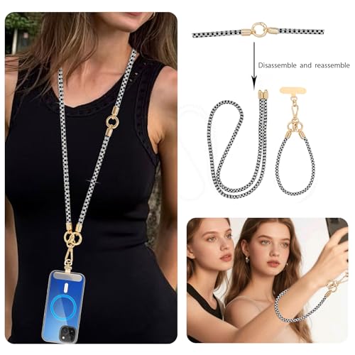 Crystal Phone Lanyard Crossbody Adjustable Rhinestone Anti-Theft Phone Strap Crossbody Cell Phone Neck Strap for Women - color: Black+white