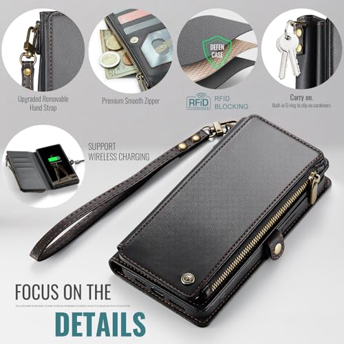 Defencase for Samsung Galaxy S22 Ultra Wallet Case with Card Holder, Black | Durable PU Leather, with RFID Blocking Zipper Pocket, Wrist Strap, S22 Ultra Flip Phone Cases Cover with Stand for Women Men - color: Elegant Black