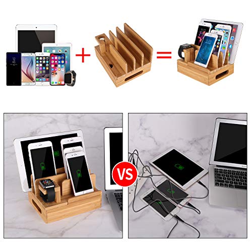 Bamboo Wood Multi-Device Desktop Charging Dock Station Charger Holder Cradle Charge Stand Compatible iPhone 16 15 14 13 Pro Max iPad Mini Pro Air Apple Watch Ulrta 10 9 8 7 6 5 4 3 2 iWatch Smartphone - color: Medium