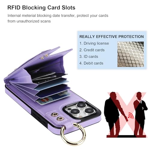 Folosu for iPhone 15 Pro Max Wallet Case with Card Holder, Hand Wrist Strap Loop Holder Kickstand, RFID Blocking Finger Grip Ring PU Leather Double Buttons Shockproof Cover 6.7" Purple - color: Purple