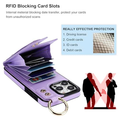 Folosu for iPhone 15 Pro Max Wallet Case with Card Holder, Hand Wrist Strap Loop Holder Kickstand, RFID Blocking Finger Grip Ring PU Leather Double Buttons Shockproof Cover 6.7" Purple - color: Purple