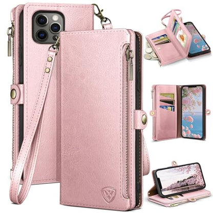 XcaseBar for iPhone 13 Pro 6.1" Wallet case with Zipper Credit Card Holder【RFID Blocking】, Flip Folio Book PU Leather Phone case Shockproof Cover Women Men for Apple 13 Pro case Rose Gold - color: Rose Gold