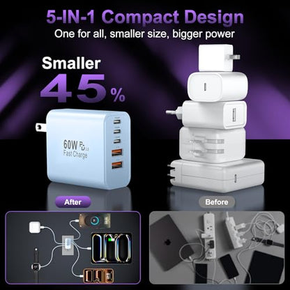 USB C Charger Block Fast Charging,60W Phone Charger USBC Wall Plug Adapter - color: Blue-2Pack