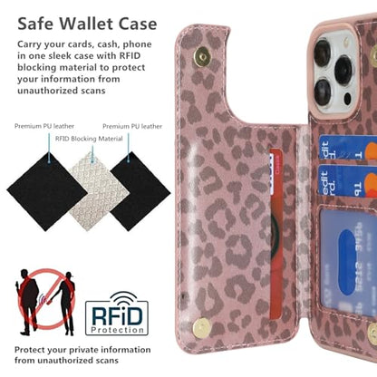 iCoverCase Compatible with iPhone 13 Pro Max Phone Case with Card Holder, Wallet Case for Women Men RFID Blocking PU Leather Protective Case 6.7 Inch (Rose Gold Leopard) - color: Rose Gold Leopard