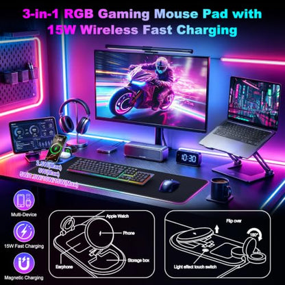 Wireless Charging RGB Gaming Mouse Pad with Foldable Phone Holder, Black