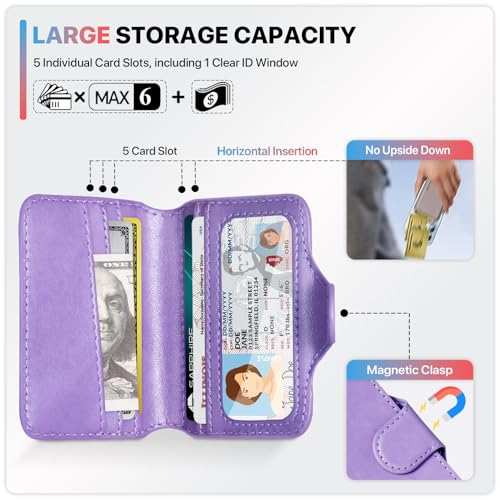 Magnetic Phone Wallet Card Holder Compatible with MagSafe Phones and Cases, 5 Slots Fit 7 Cards, RFID Blocking, 1 ID Window, Slim Luxury Leather Mag Safe Wallet for Women Men, Pastel Purple - color: Glossy Pastel Purple