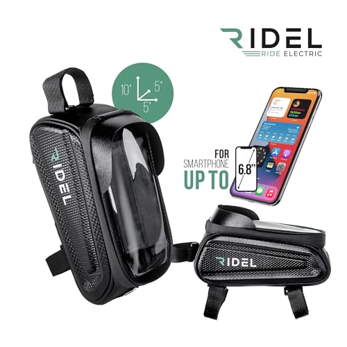 Ridel Bike Phone Holder, Phone Mount for Bike with Waterproof Frame Bag, Bicycle Accessories for eBike and Scooter, Touchscreen Protector Case, Fits Smartphones Up to 6.8 Inches