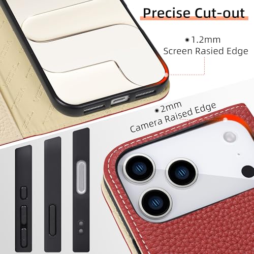 VISOUL Pebbled Leather Wallet Case for iPhone 17 Pro Max 6.9" 2025, Genuine Leather Flip Folio Cover with RFID Blocking Card Holders, Kickstand, Soft TPU Protective Flip Cover -Red+Milky White - color: Red+Milky White