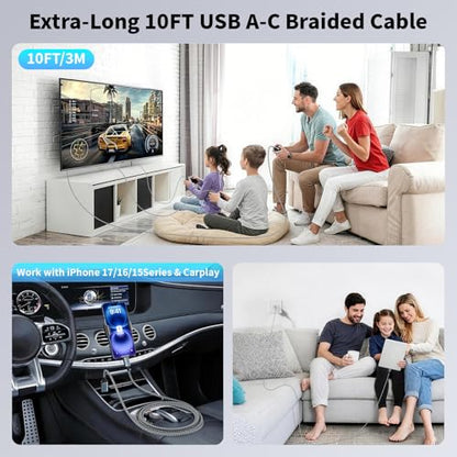 10FT USB to UAB C Cable,3Pack USB A to USB C 10FT Fast Charging Braided Cable for iPhone 17/16/15,Car Carplay Cable Upgraded Extra Durable USB to USB C Cord for iPhone 17 16 15,Galaxy S26/S25 and more