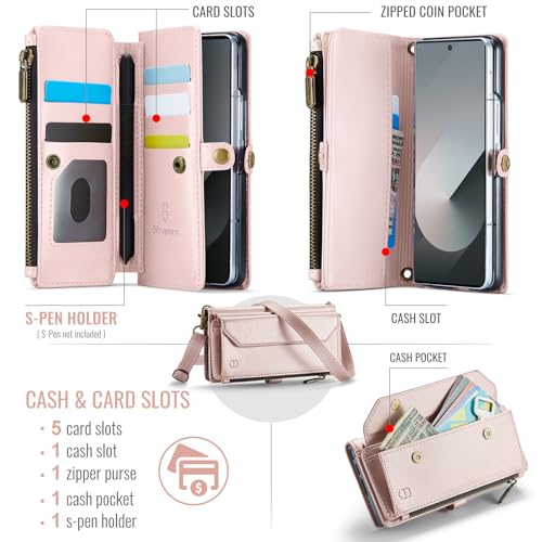 Strapurs Crossbody Wallet Case Compatible with Samsung Galaxy Z Fold 6 with RFID Blocking Card Holder & Pen Holder Slot Soft PU Leather Shoulder Strap Zipper Pocket Purse Fold 6 Phone Case, Rose Gold | RFID Blocking 5-Card Holder, Shoulder Lanyard, Wirst