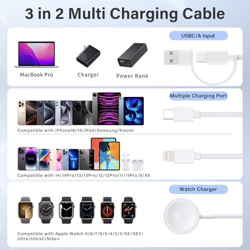 3 in 1 USB C Cable for Apple Watch Charger,iPhone 17/16/15,Lightning 4FT