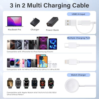 3 in 1 USB C Cable for Apple Watch Charger,iPhone 17/16/15,Lightning 4FT