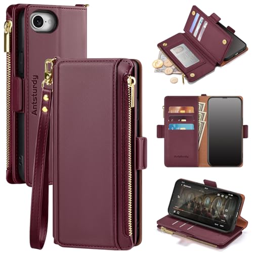 Antsturdy for iPhone 6/6S/7/8/SE 2020/SE 2022 Phone Wallet Case Women,Wine Red - color: Wine Red