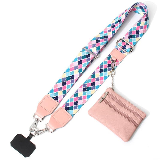 Phone Strap with Zippered Pouch, Clip and Go Strap for Phone with Wallet Crossbody - color: Colorful-grid