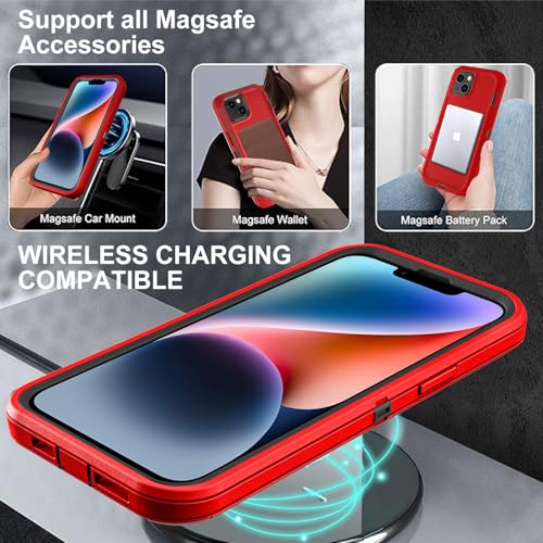 YKHJKLEC for iPhone 13/iPhone 14 Case, Compatible with Magsafe, 3 in 1 Heavy Duty Shockproof/Drop Proof/Dust Proof Case with 2Pcs Tempered Glass Screen Protector (New-Red/Black) - color: New-Red/Black
