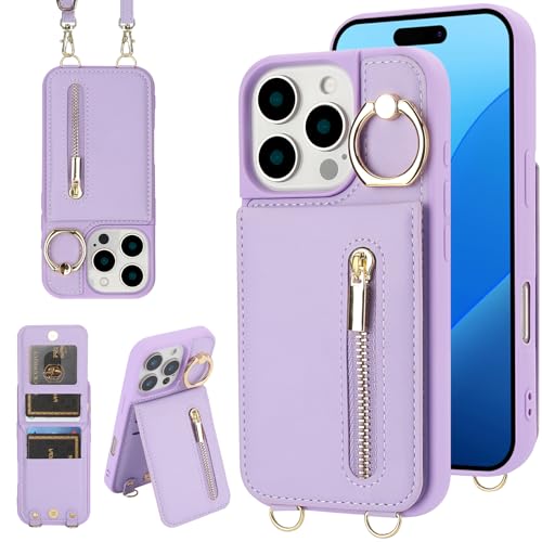 Crossbody Wallet Case for iPhone 12 Pro Max, with Card Slots Zipper Pocket Case, Flip Folio Purse RFID Blocking with Ring Kickstand Detachable Strap-Purple - color: Purple, size: iPhone 12 Pro Max(6.7")