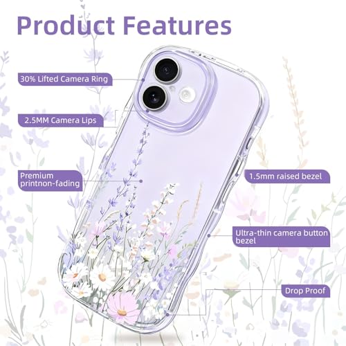 AULEEP for iPhone 17, Clear Cute Phone Case Floral with Curly Wave Frame Shape Design, Slim Soft Shockproof TPU Protective Phone Cover for Women Girls, Clear Wavy Case for iPhone 17 6.3" 2025 - size: iPhone 17